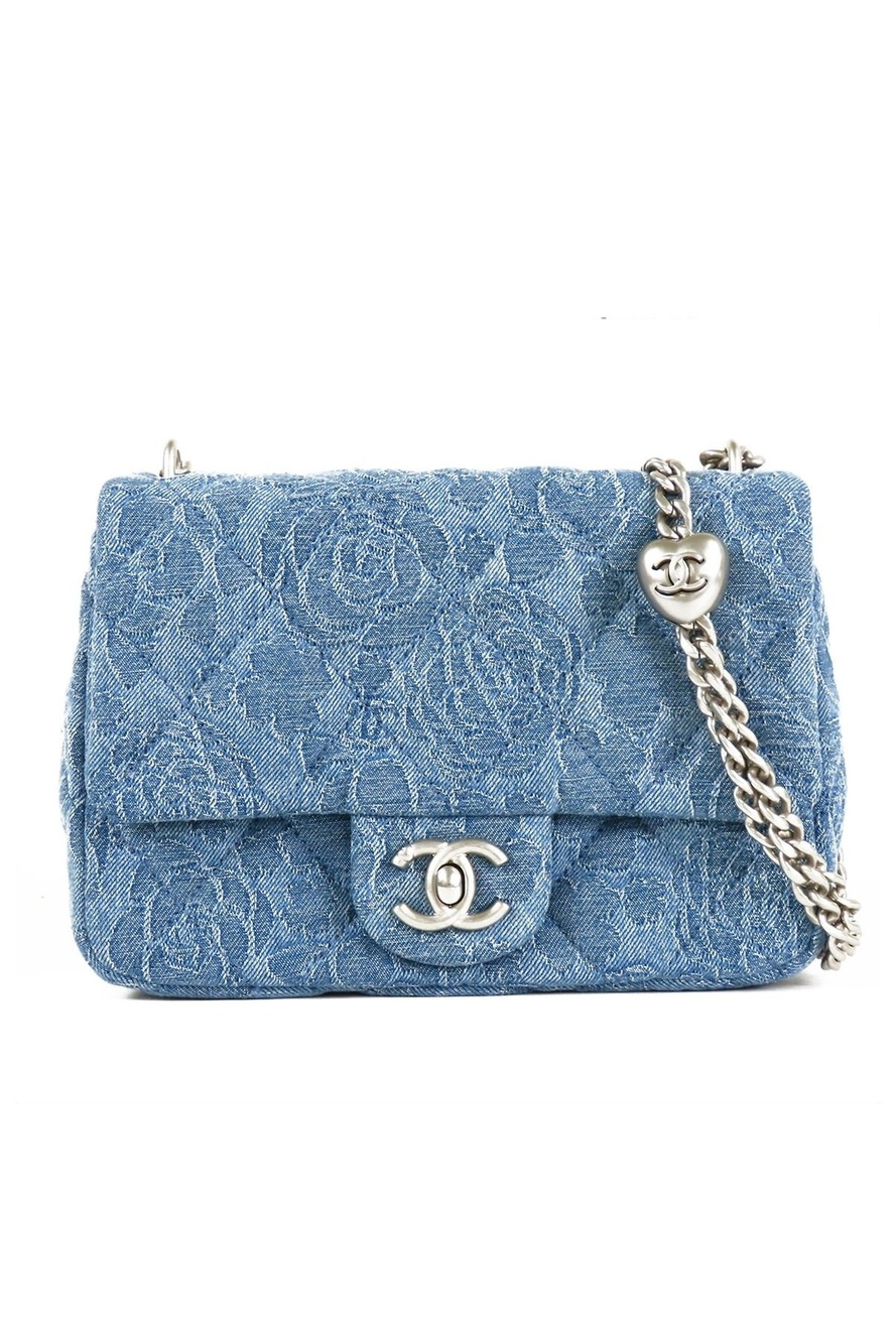 Chanel Camellia Denim Flap Blue Silver Chain Shoulder Bag
